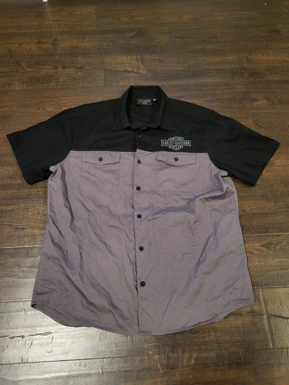Harley-Davidson Mens Staple Colorblock Short Sleeve Button Shirt Grey Black XL